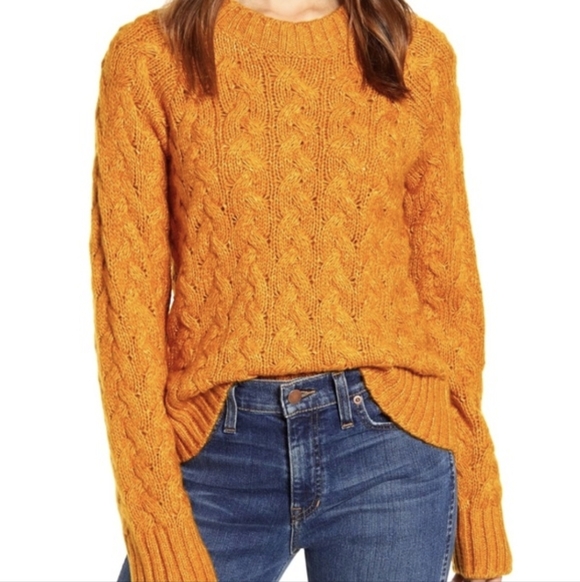 New Lucky Brand Quinn Cable Knit Cotton Blend Mustard Yellow Medium Sweater - Picture 4 of 15